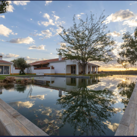 A tranquil scene of modern white houses beside a reflecting pool at sunset.